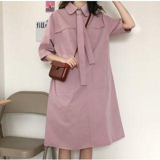 Plain Elbow-sleeve A-line Dress With Tie Light Purple - One Size