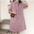 Plain Elbow-sleeve A-line Dress With Tie Light Purple - One Size