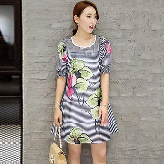 Short-sleeve Printed Striped A-line Dress