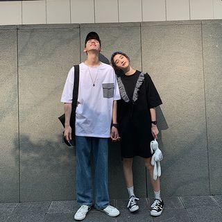 Couple Matching Pocket Detail Elbow-sleeve T-shirt / Ruffle Trim Elbow-sleeve T-shirt Dress