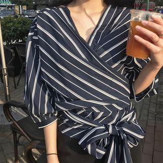 Striped 3/4 Sleeve Wrap Blouse