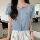 Short-sleeve Heart Embroidered Button-up T-shirt