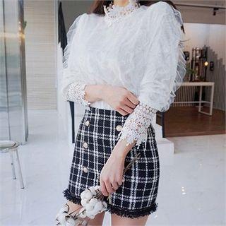 Mock-neck Mesh-trim Velvet Blouse