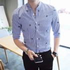 Embroidered Striped Stand Collar Elbow-sleeve Shirt