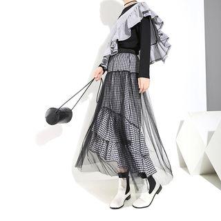 Sheer Overlay Plaid Midi Skirt Black - One Size