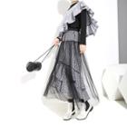 Sheer Overlay Plaid Midi Skirt Black - One Size