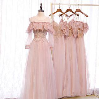 Cold-shoulder Embroidered Mesh A-line Gown