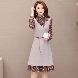 Set: Floral Print Long-sleeve A-line Dress + Mini Pinafore Dress