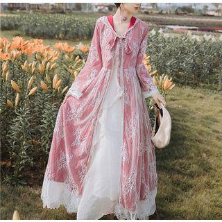 Long-sleeve Hooded Maxi A-line Lace Dress