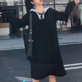 Lace-up Hoodie Dress Black - One Size