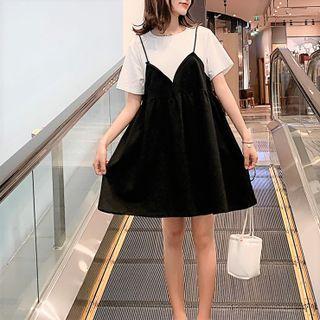 Short-sleeve Mock Two-piece Mini A-line Dress Black - One Size
