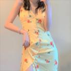 Spaghetti Strap Rose Print Mini Dress Floral - Yellow - One Size