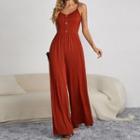Spaghetti-strap V-neck Button-up Jumpsuit