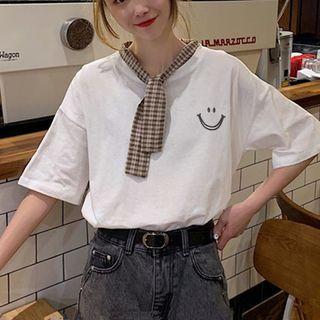Elbow-sleeve Printed Plaid Tie-collar T-shirt