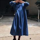 Denim Long-sleeve Midi A-line Dress Blue - One Size