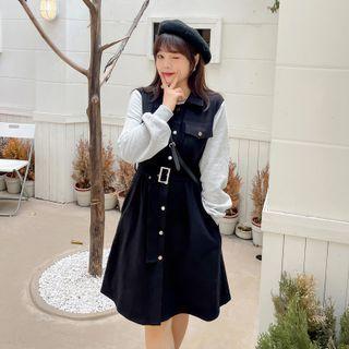 Mock Two-piece Long-sleeve Buckled Midi A-line Dress