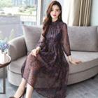 Long-sleeve Midi Floral A-line Chiffon Dress