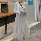 Spaghetti Strap Mesh Midi Dress / Long-sleeve Cropped Cardigan
