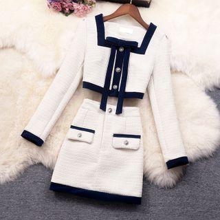 Set: Contrast Trim Square Neck Blouse + A-line Skirt