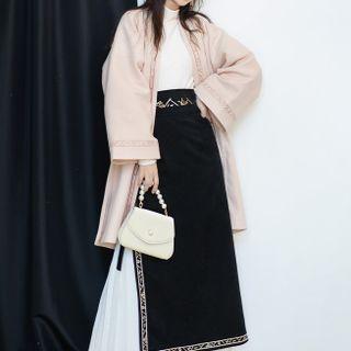 Set: Embroidered Faux Pearl Coat + Pleated Panel Midi A-line Skirt