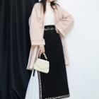 Set: Embroidered Faux Pearl Coat + Pleated Panel Midi A-line Skirt