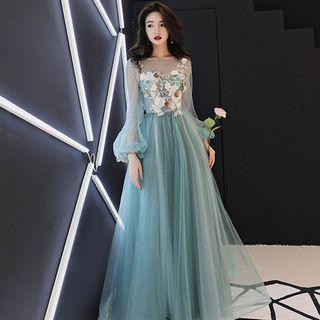 Balloon-sleeve Flower Applique Mesh A-line Evening Gown