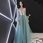 Balloon-sleeve Flower Applique Mesh A-line Evening Gown