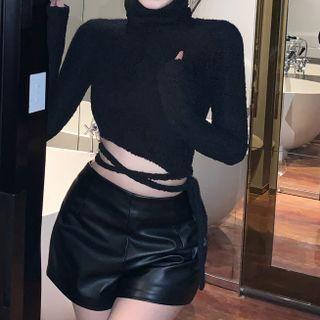 Turtleneck Strappy Crop Sweater Black - One Size