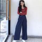 Long-sleeve Square Neck T-shirt / High Waist Wide-leg Jeans