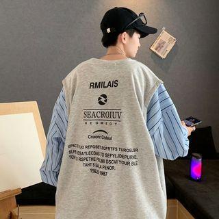 Striped-sleeve Lettering Sweatshirt