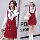 Set: Contrast Trim Lace-up Ruffled Blouse + Buttoned A-line Suspender Dress