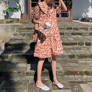 Elbow-sleeve Patterned Wide Collar Tunic Dress
