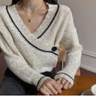 V-neck Long-sleeve Knit Top As Shown In Figure - One Size
