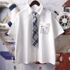 Set: Short-sleeve Bear Print Shirt + Plaid Tie