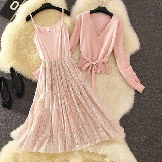 Set: Long-sleeve Scallop Trim Knit Top + Spaghetti Strap Midi A-line Lace Dress