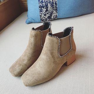 Square Toe Beaded Trim Ankle Boots