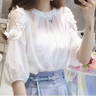 Short-sleeve Off Shoulder Plain Loose Fit Blouse
