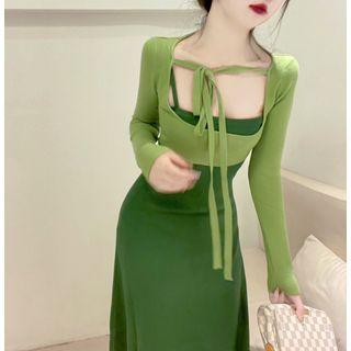 Set: Spaghetti Strap Knit Midi Sheath Dress + Tie-front Crop Top