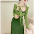 Set: Spaghetti Strap Knit Midi Sheath Dress + Tie-front Crop Top