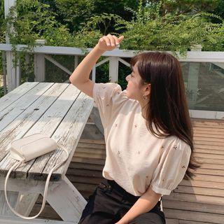 Puff-sleeve Embroidery Blouse Beige - One Size