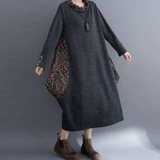 Long-sleeve Leopard Print Panel Midi A-line Dress