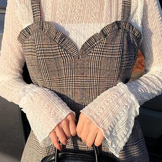 Sweetheart-neck Glen-plaid Mini Pinafore Dress