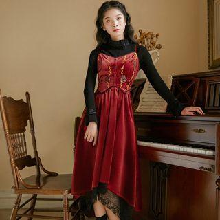 Set: Lace Trim Long-sleeve T-shirt + Flower Embroidered Midi Pinafore Dress