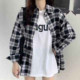 Plaid Shirt / Lettering Elbow-sleeve T-shirt