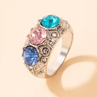 Rhinestone Alloy Ring 13986 - Silver - One Size