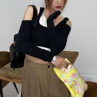Mock Two-piece Off-shoulder Knit Top / High-waist Loose-fit Dress Pants