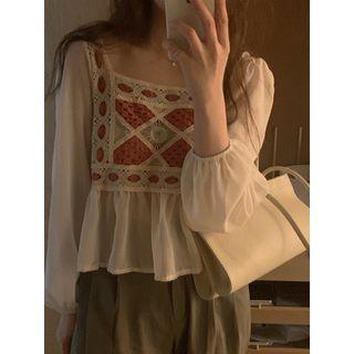 Square-neck Knit-panel Blouse