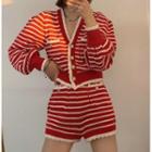 Long-sleeve Striped Knit Cardigan / Knit Shorts