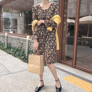 Tie-neck Frilled-collar Midi Floral Dress