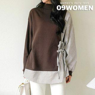 Plus Size Mock-neck Striped-panel Beribboned Sweatshirt